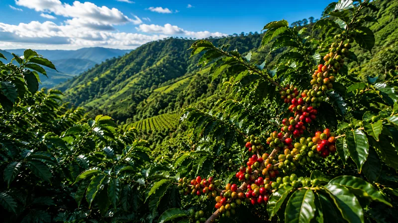 Sunlit Jamaica Blue Mountain coffee field with ripening cherries
