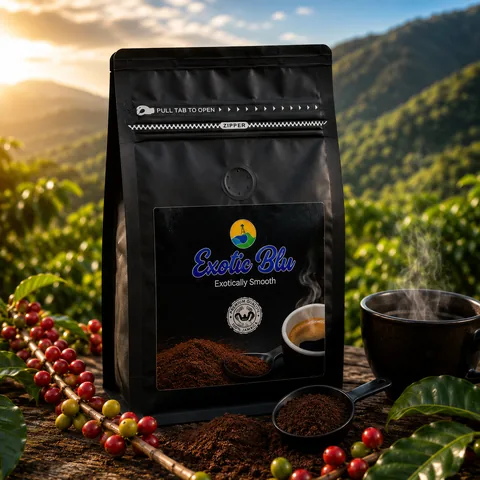 ExoticBlu ground Jamaica Blue Mountain coffee