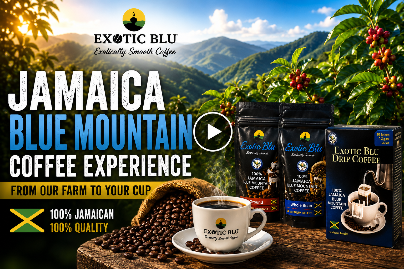 Exotic Blu Jamaican Blue Mountain coffee products showcasing premium coffee sourced from Jamaica's Blue Mountains.