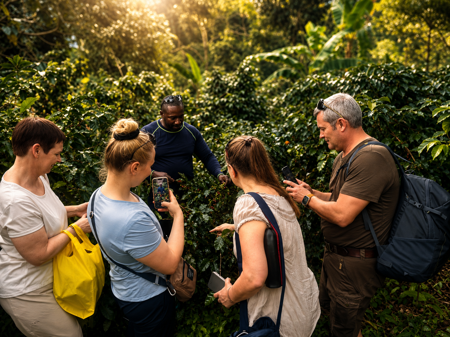 Visitors touring a Jamaican coffee farm while learning about coffee cherries and cultivation among lush coffee plants.